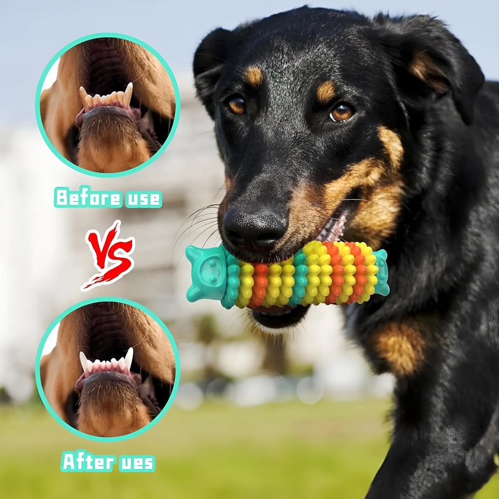 Blue natural rubber caterpillar-shaped chew toy for dogs on a wooden floor.