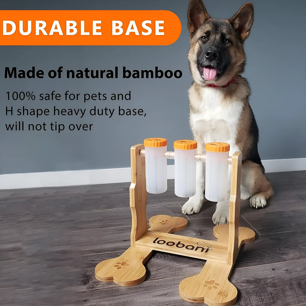 Wooden dog puzzle toy snack dispenser feeder measuring 31x30x20cm in natural wood colour