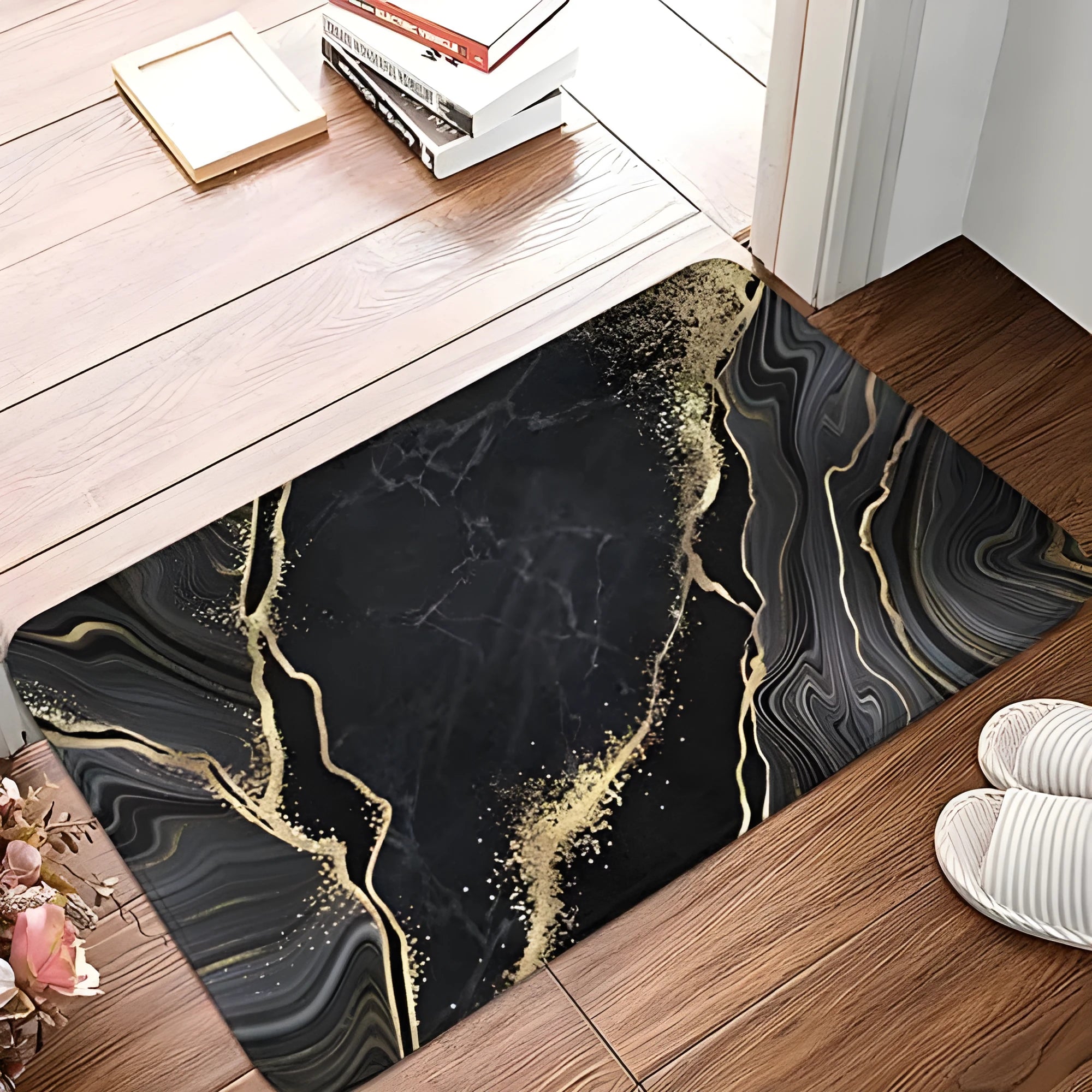 Soft square flannel floor mat with a coastal starfish print on a hard floor