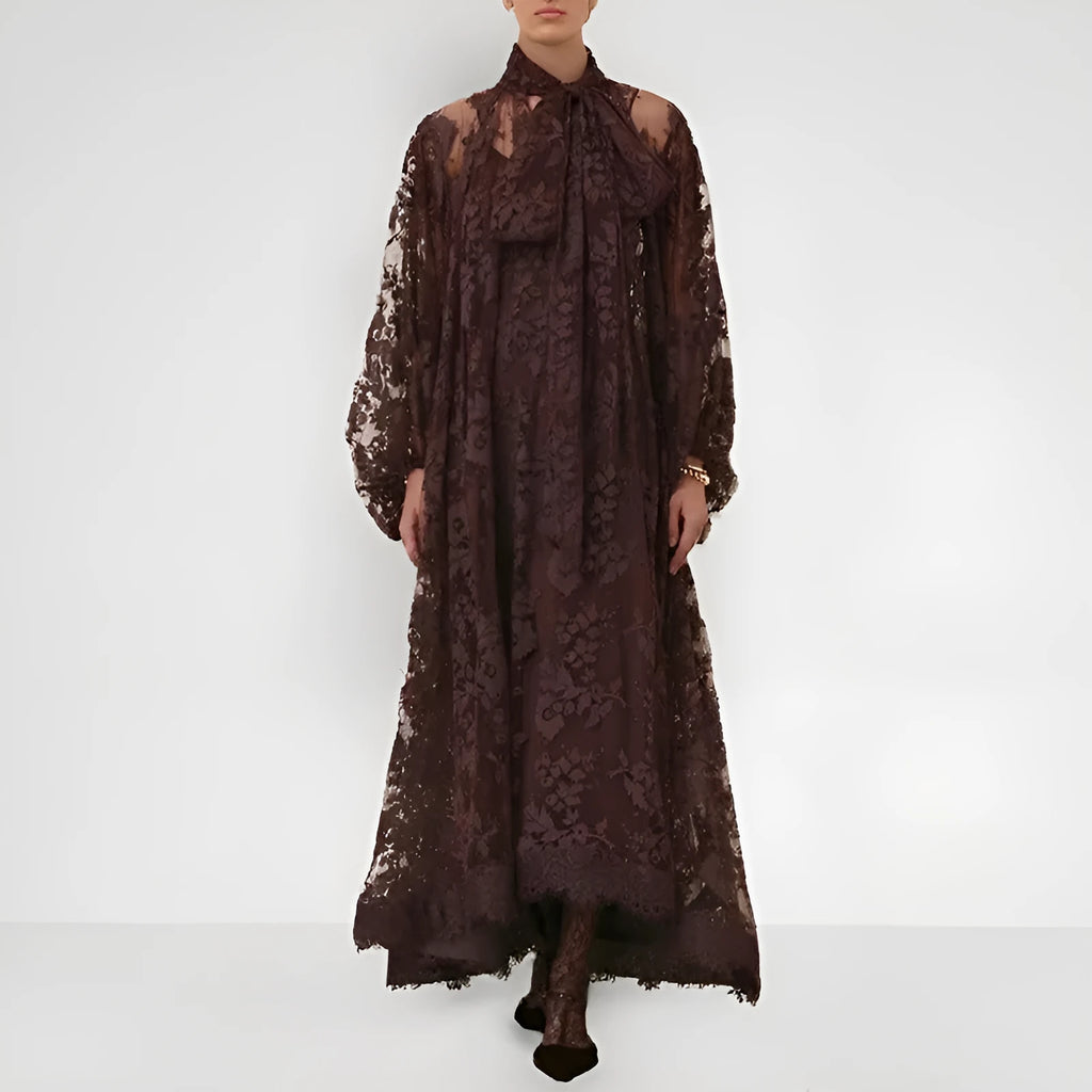 Women's hollow jacquard sling lace see-through ribbon dress, brown, with A-line skirt and lantern sleeves