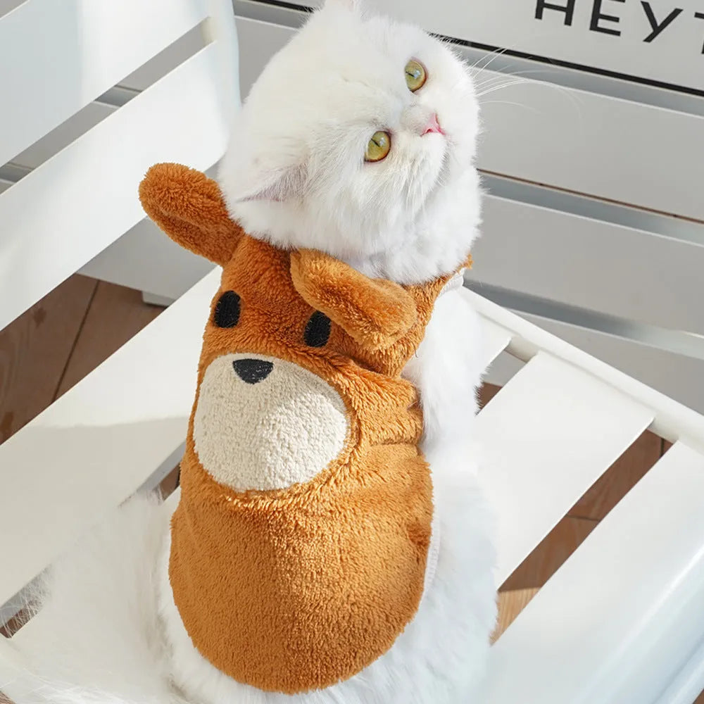 Fleece-lined cream polyester dog coat with bear ears on a small pet, available in sizes XXS to XL for 1-12kg dogs