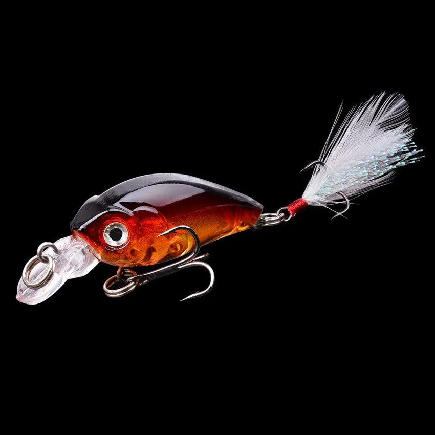 Lure Rock Little Fat Man 4.5cm feather fishing lure with 3D eyes and reinforced hook, five colour options on white background