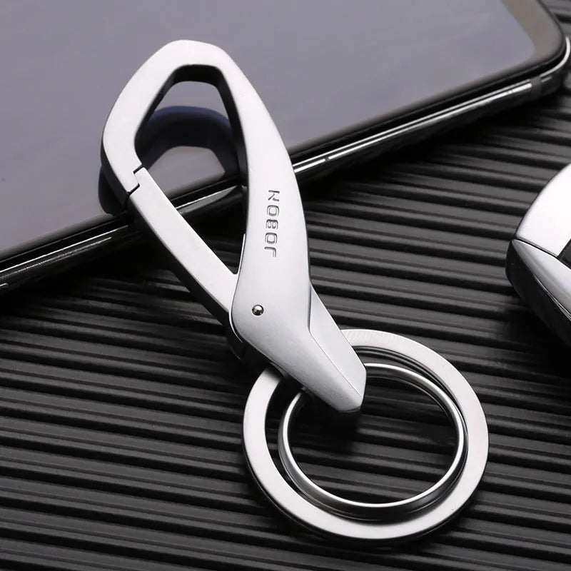 Zinc alloy double ring key waist hanger in black, chrome, and nickel colour options.