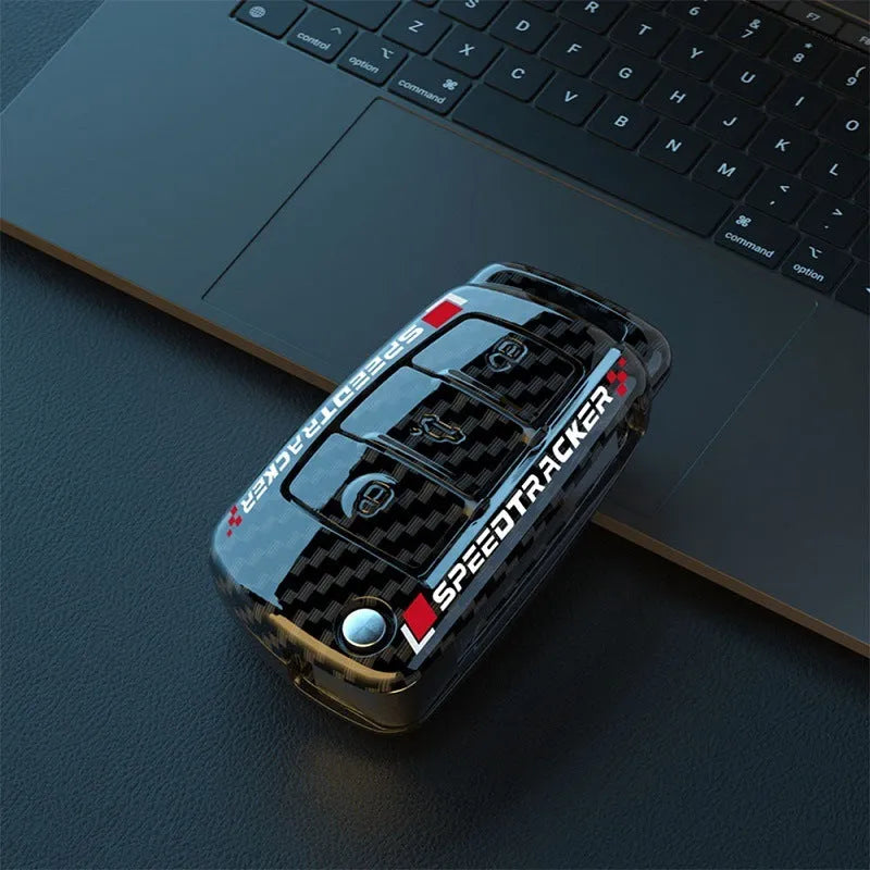 Carbon fibre style car key cover with mirror element in carbon and white colour options