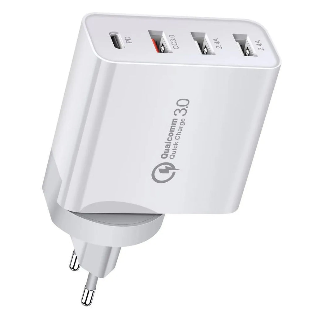 White multi-port fast charger with PD and QC support showing UK plug configuration