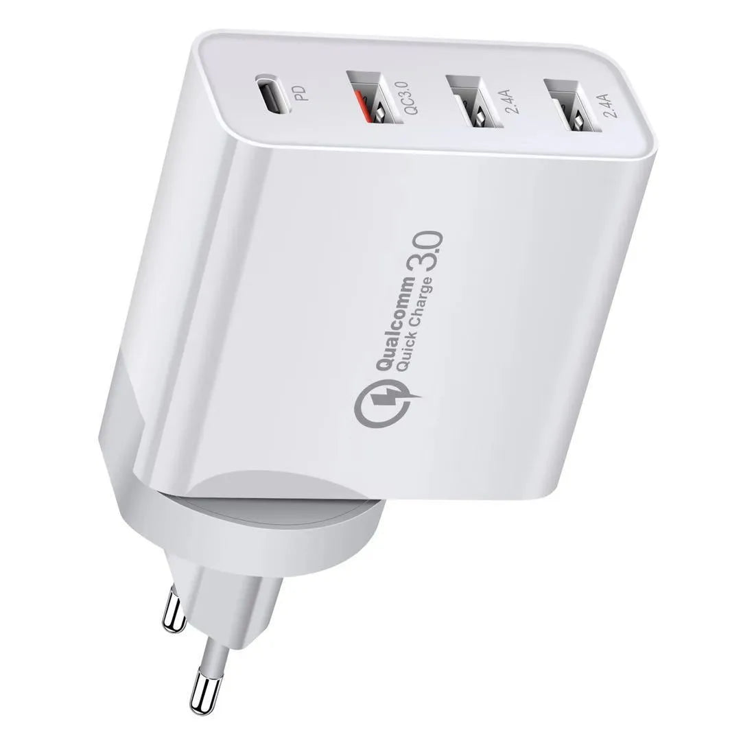 White multi-port fast charger with PD and QC support showing UK plug configuration