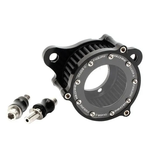 Harley Davidson CNC aluminium retro air filter with transparent glass element showing black filter