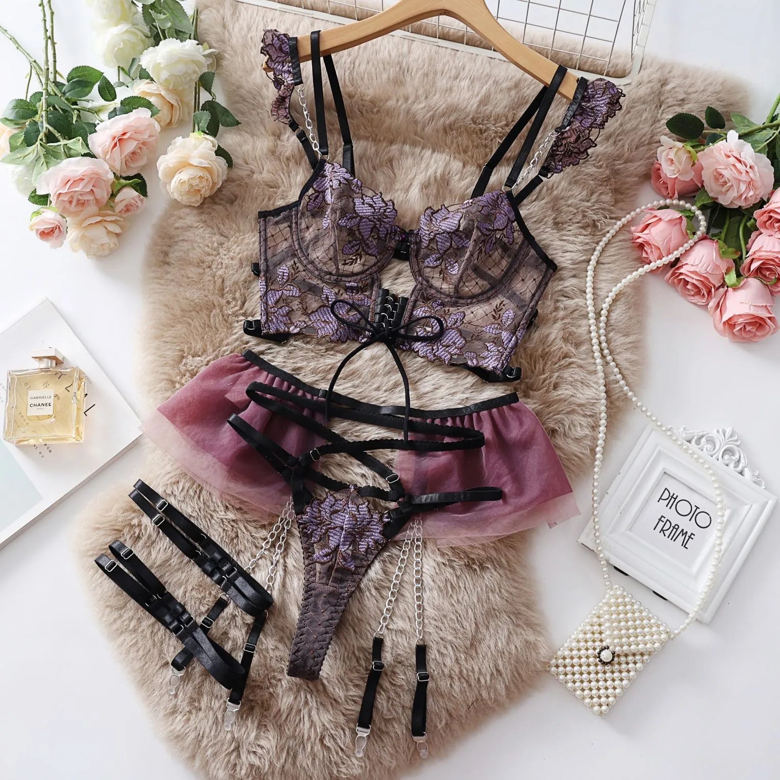 Light blue embroidered lace push-up bra set with transparent mesh design and matching underwear