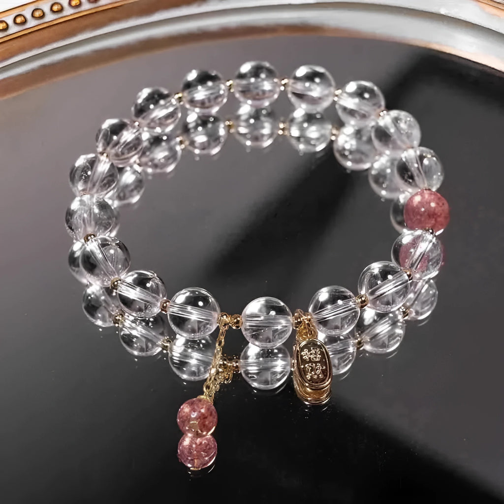 Handmade natural white crystal bracelet with strawberry beads in u-shape design