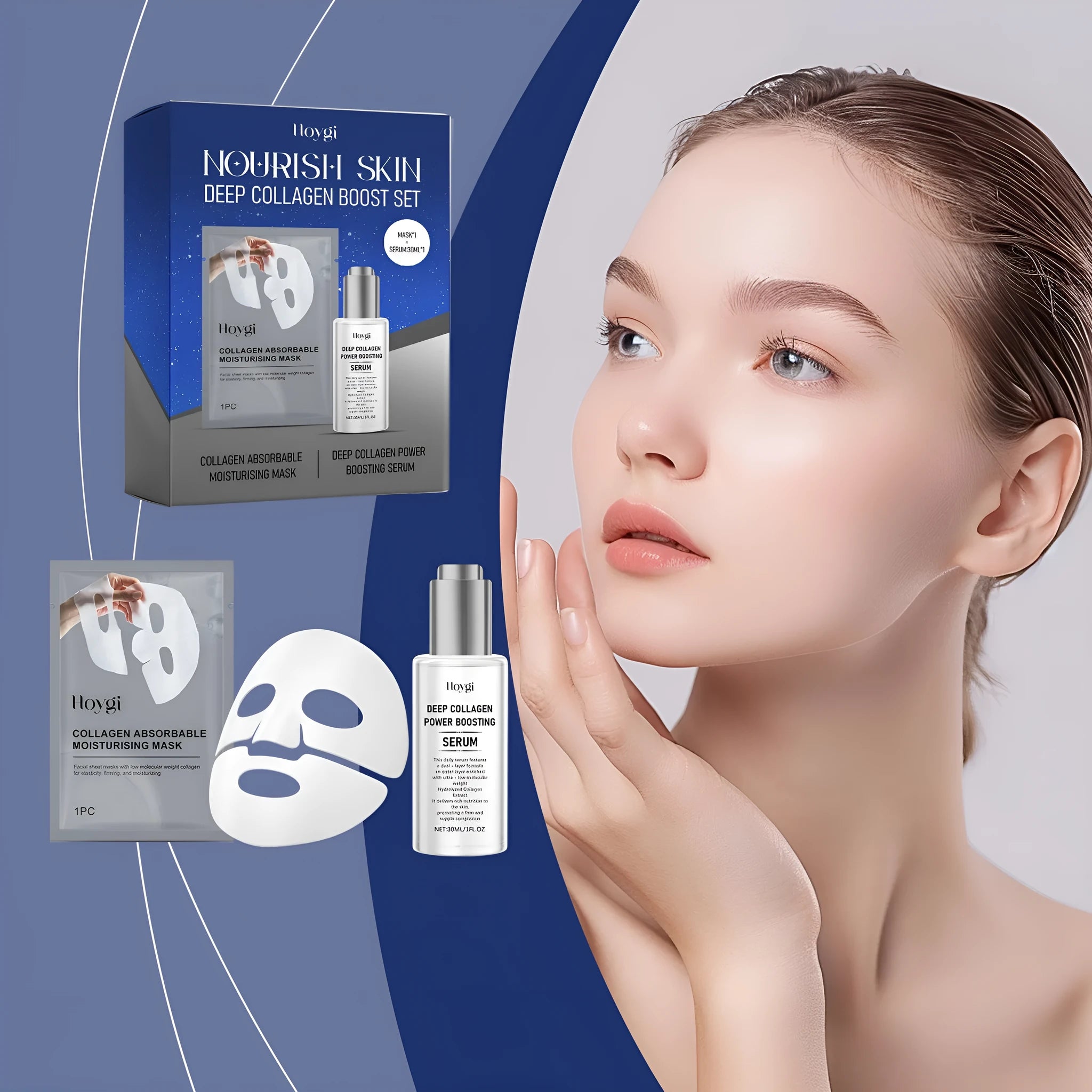 Collagen moisturising facial mask and 30ml essence bottle skincare set.