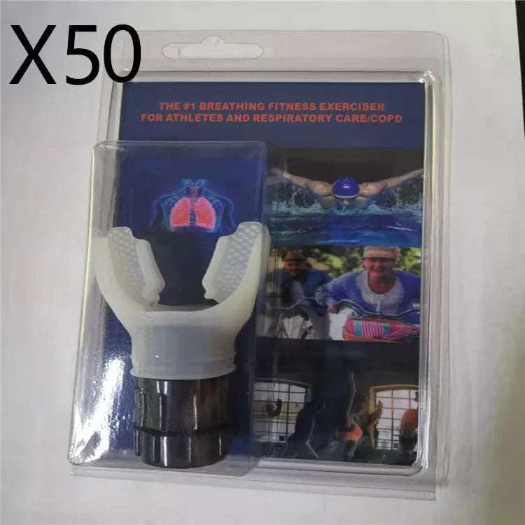 Breathing trainer respirator in white and black with silicone mouthpiece and adjustable resistance dial
