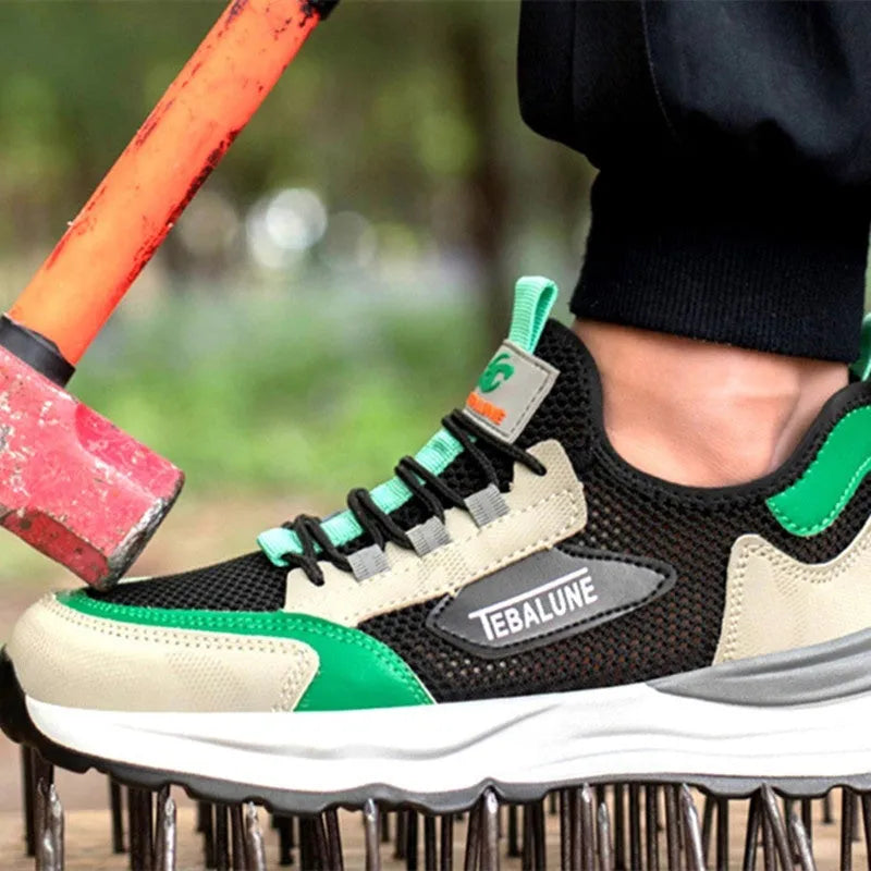 Black green safety shoes with mesh uppers and plastic steel toe cap