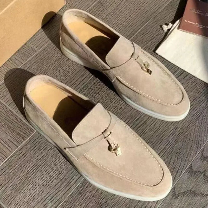 Neutral slip-on loafers with high-top artificial PU upper and Gommino rubber soles