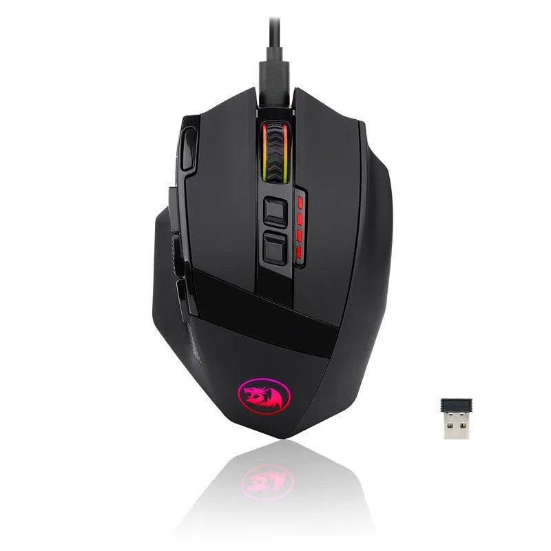 Black Redragon M801P wireless gaming mouse with multiple buttons on ergonomic right-handed design