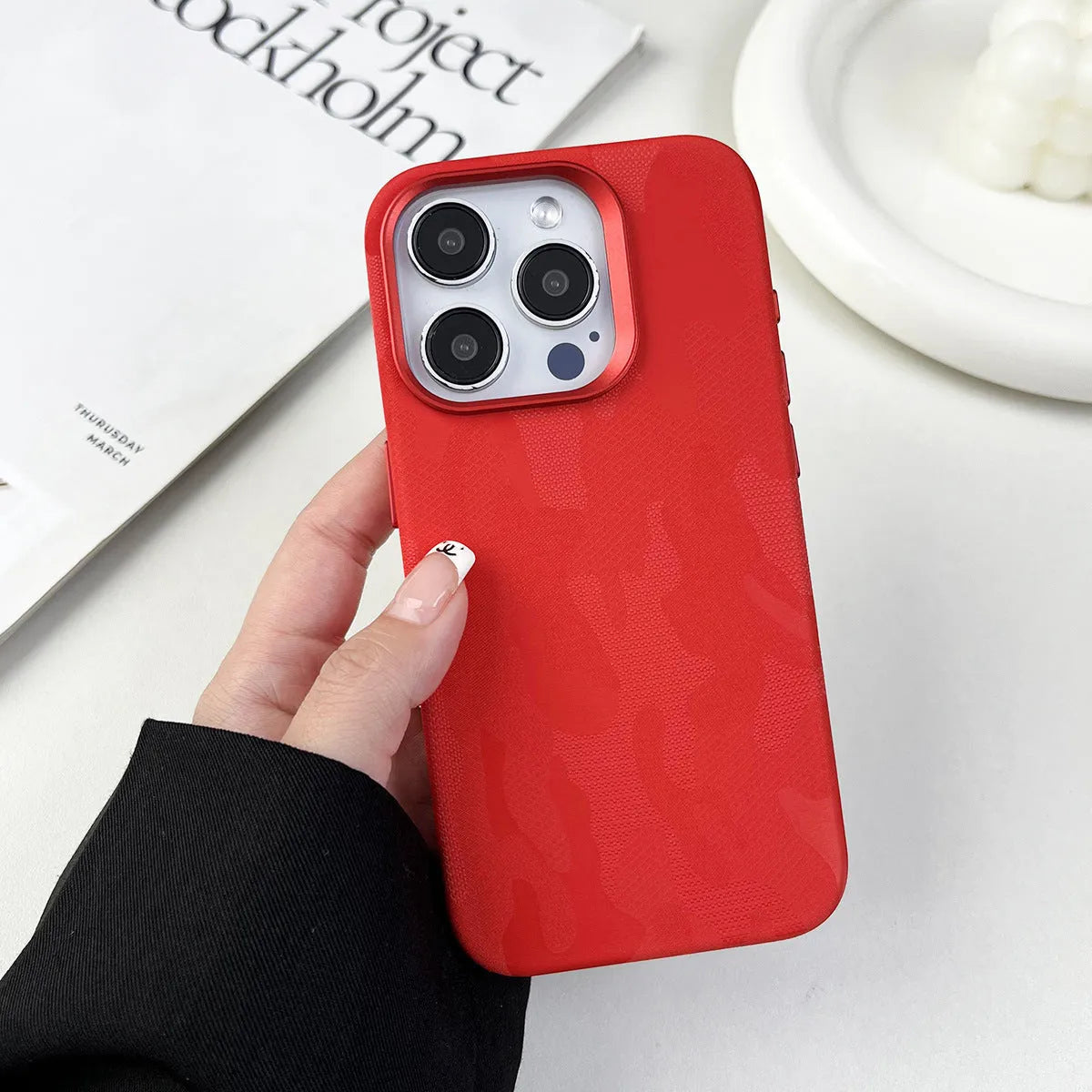 Imitation leather magnetic phone case for iPhone with anti-fingerprint surface in Emma Orange colour