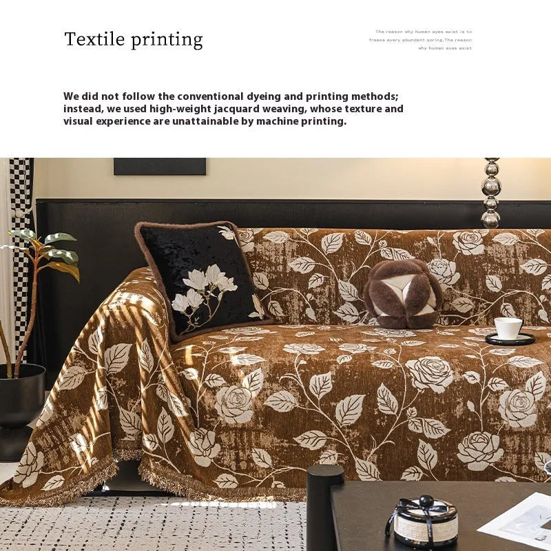 Retro floral chenille sofa cover in beige draped over a sofa, 180cm width, with fabric texture visible