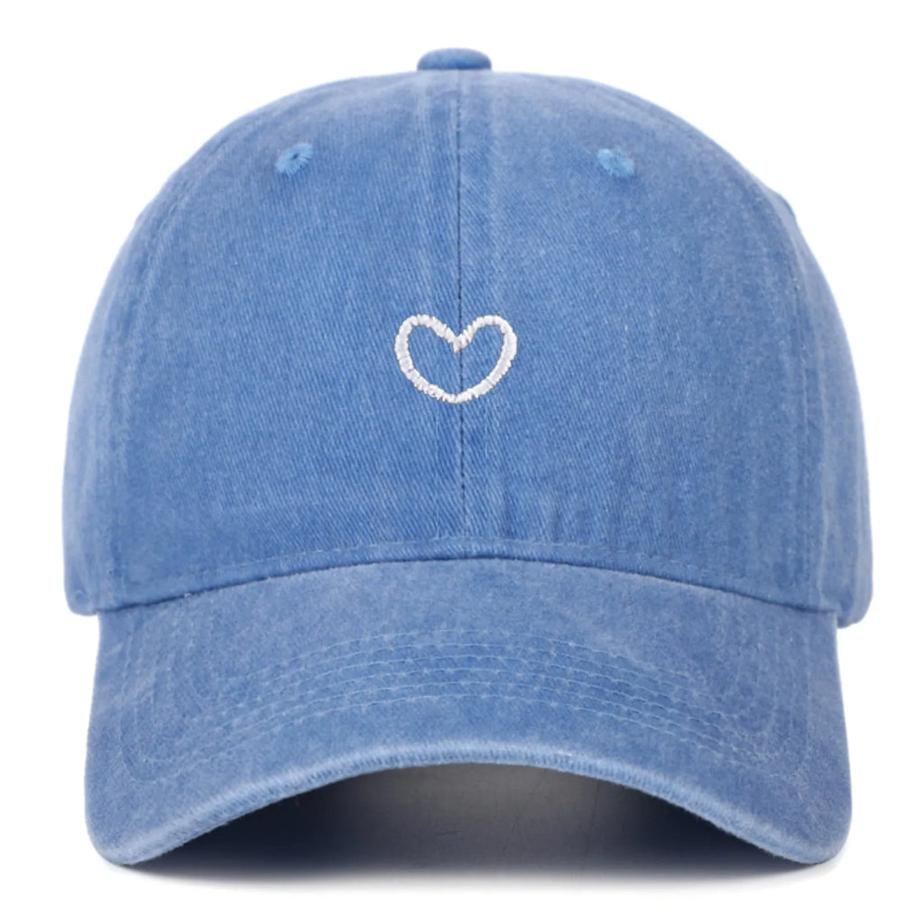 Cotton baseball cap with embroidered red love heart on front, shown in grey.