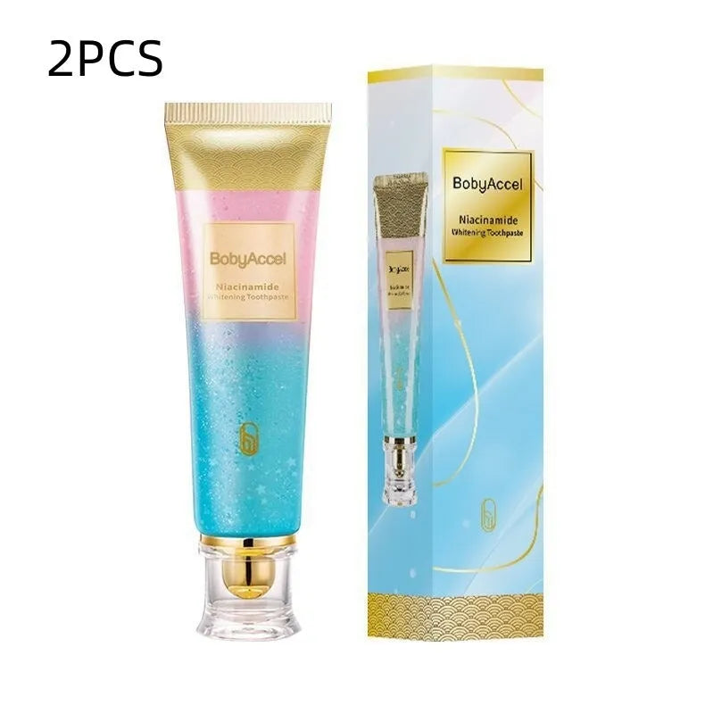 White and blue tube of nicotinamide whitening toothpaste for adults, 100g net content.