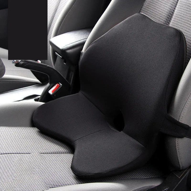 Car seat waist support cushion with memory foam, shown in beige, black, coffee, and grey colours.