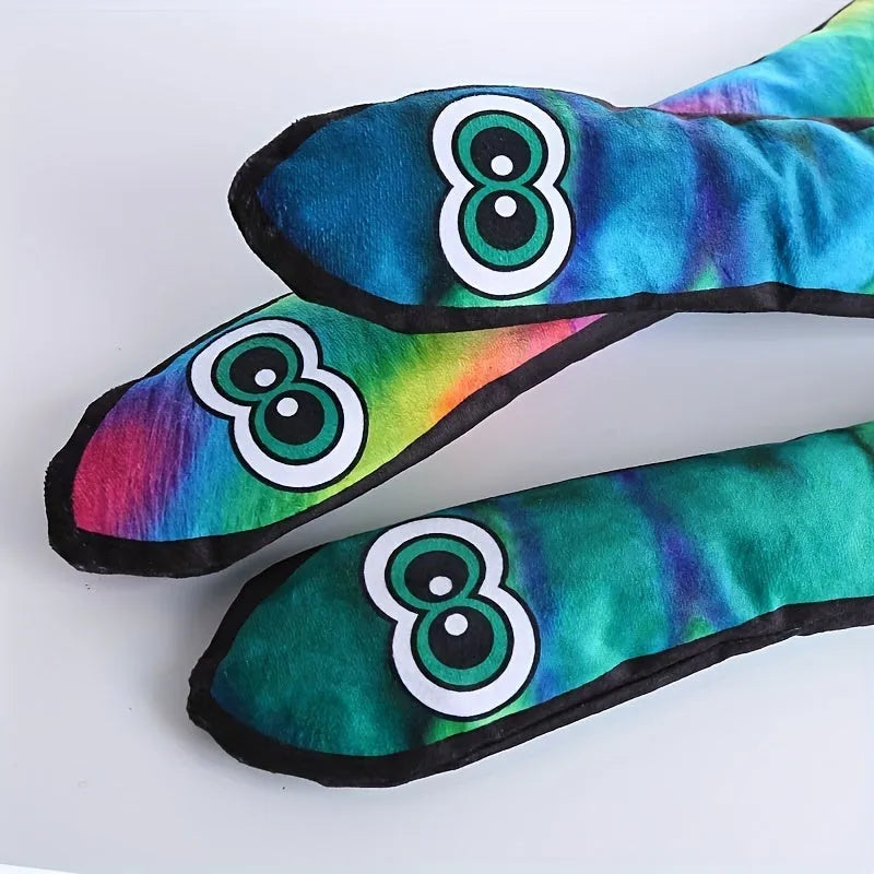 Plush snake dog squeaky toy with printed stripes in blue, green and rainbow colours