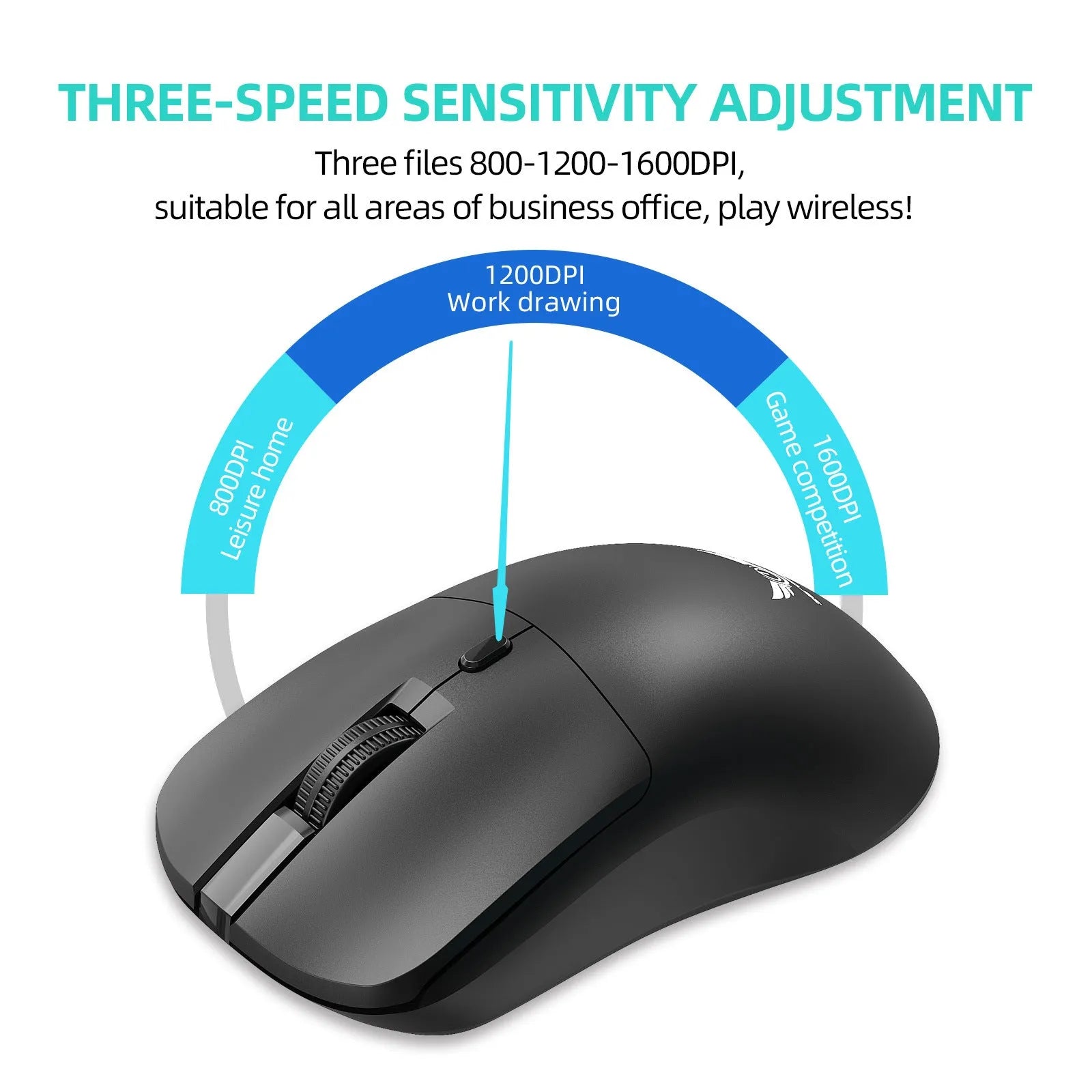 Black wireless computer mouse with three buttons for laptop connectivity