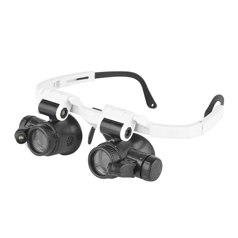 White foldable head-mounted magnifying glass with LED light for clock repair and precision inspection work