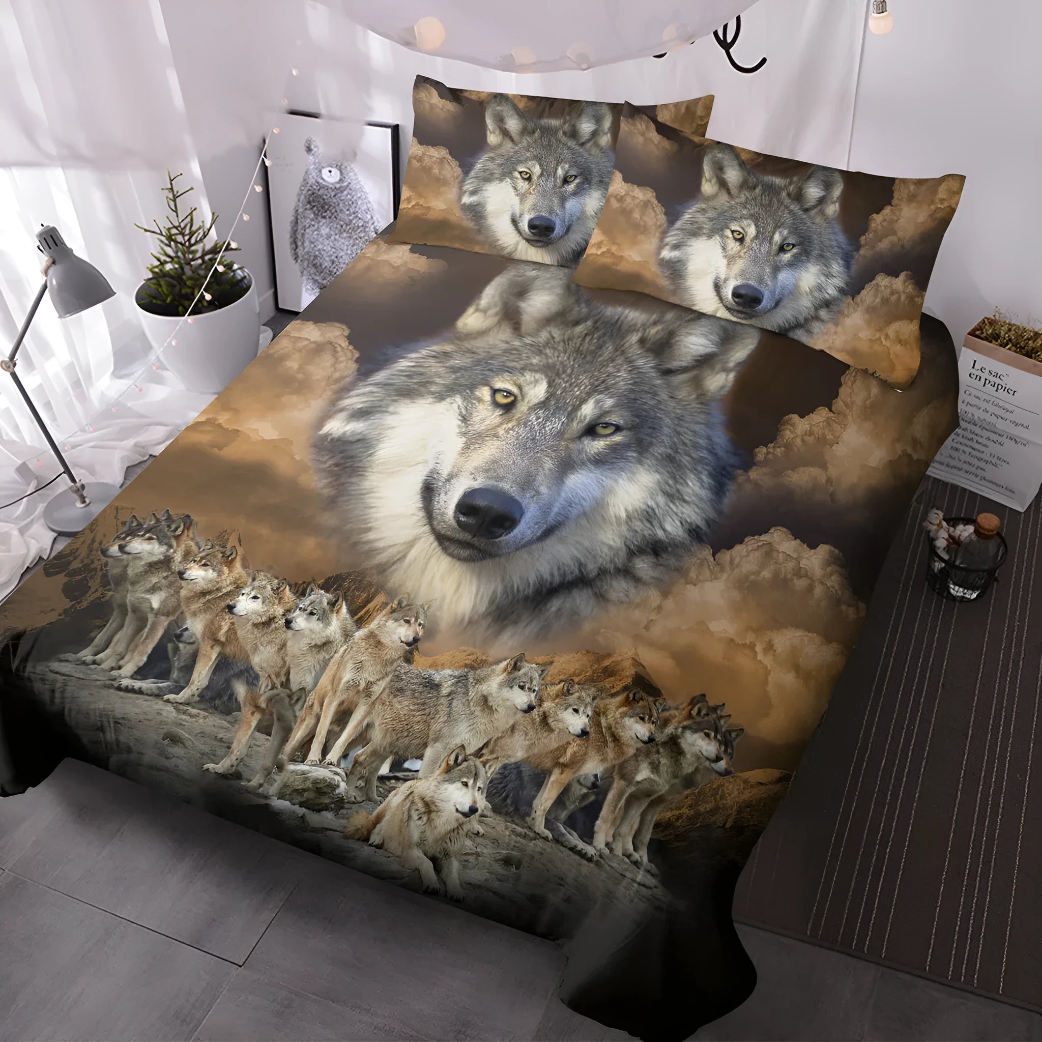 Brown 3D printed wolf pack duvet set with two pillow shams on a bed