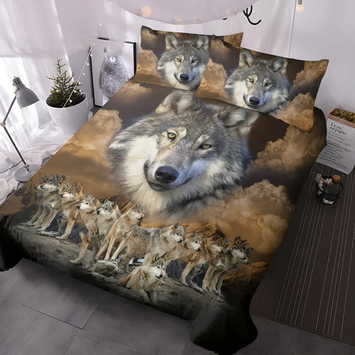 Brown 3D printed wolf pack duvet set with two pillow shams on a bed