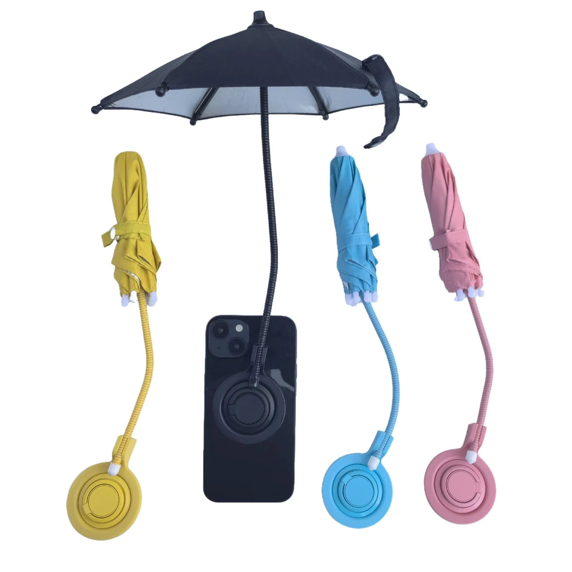 Magnetic retractable phone umbrella bracket with 6 iron bones, 210T NC fabric canopy, silver glue coating, black colour, side view