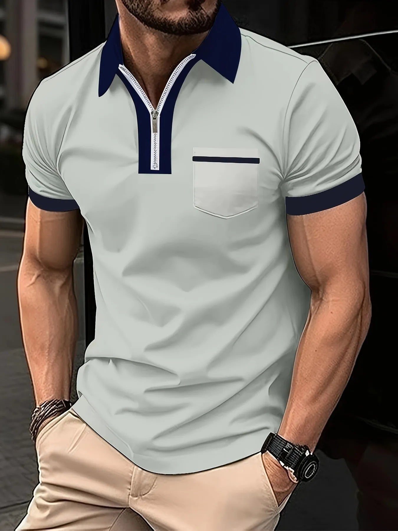 Men's loose fit short sleeve casual shirt with chest pocket and decorative zip details in colour combination options