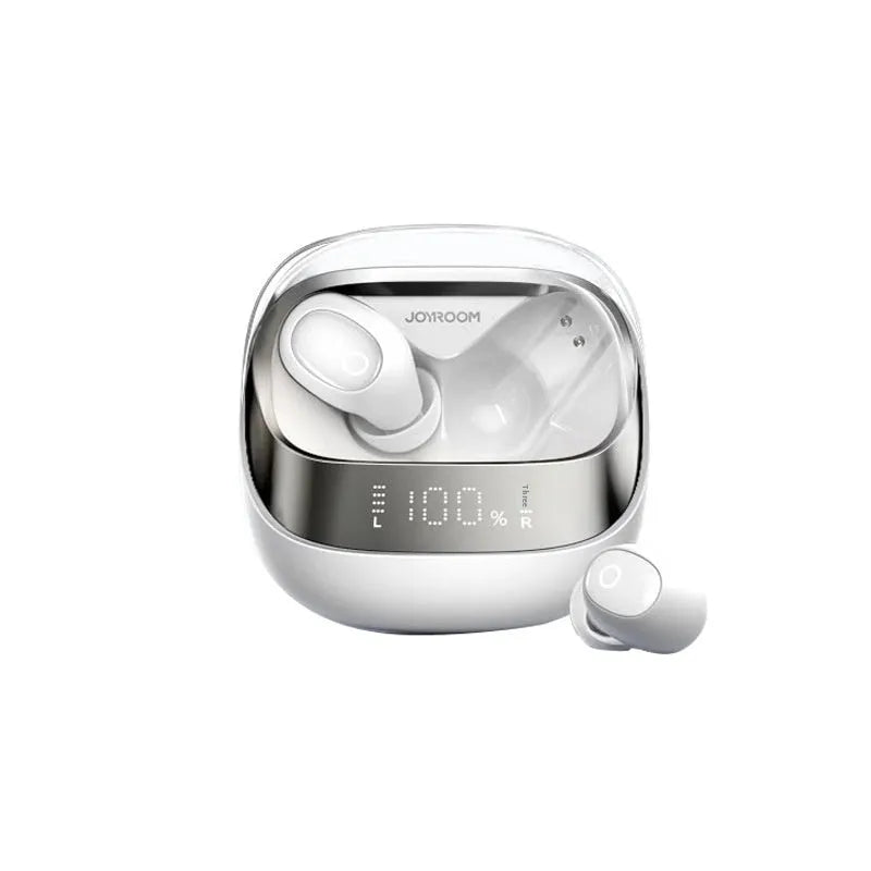 Wireless Bluetooth 5.3 in-ear earbuds with charging case in Dawn White, Starry Sky Black, or Purple.