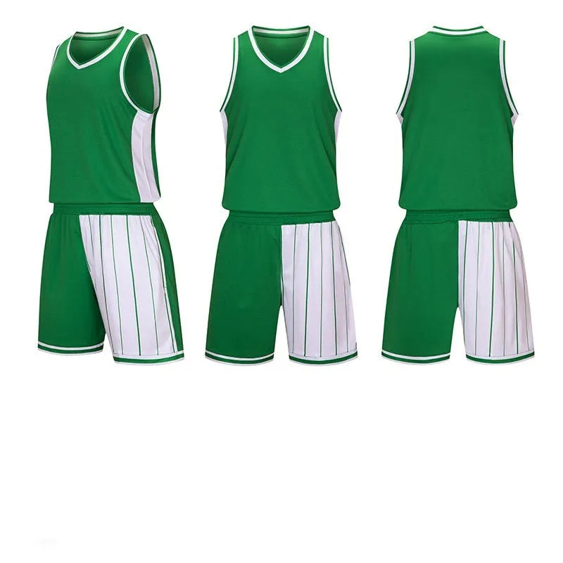 Men's basketball uniform set showing quick-dry top and shorts in blue, sizes M to 6XL.