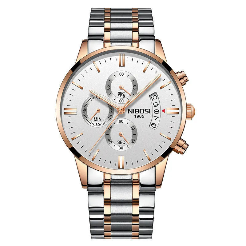 Men's watch with 43mm dial diameter, 11mm thickness, 22mm strap, quartz movement, stainless steel case