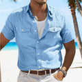 Men's cotton linen summer shirt with polo collar in solid colours