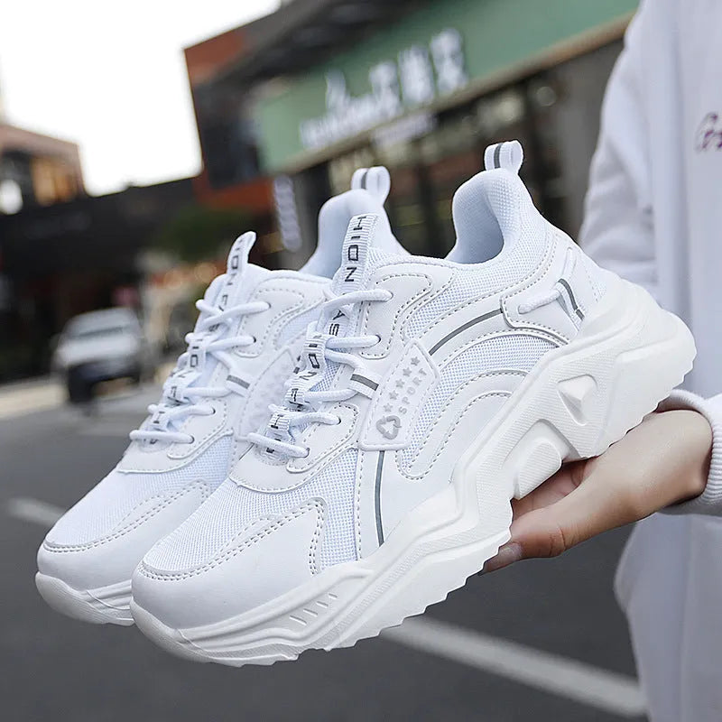 Women's white mesh sports shoes with buckle closure and round toe