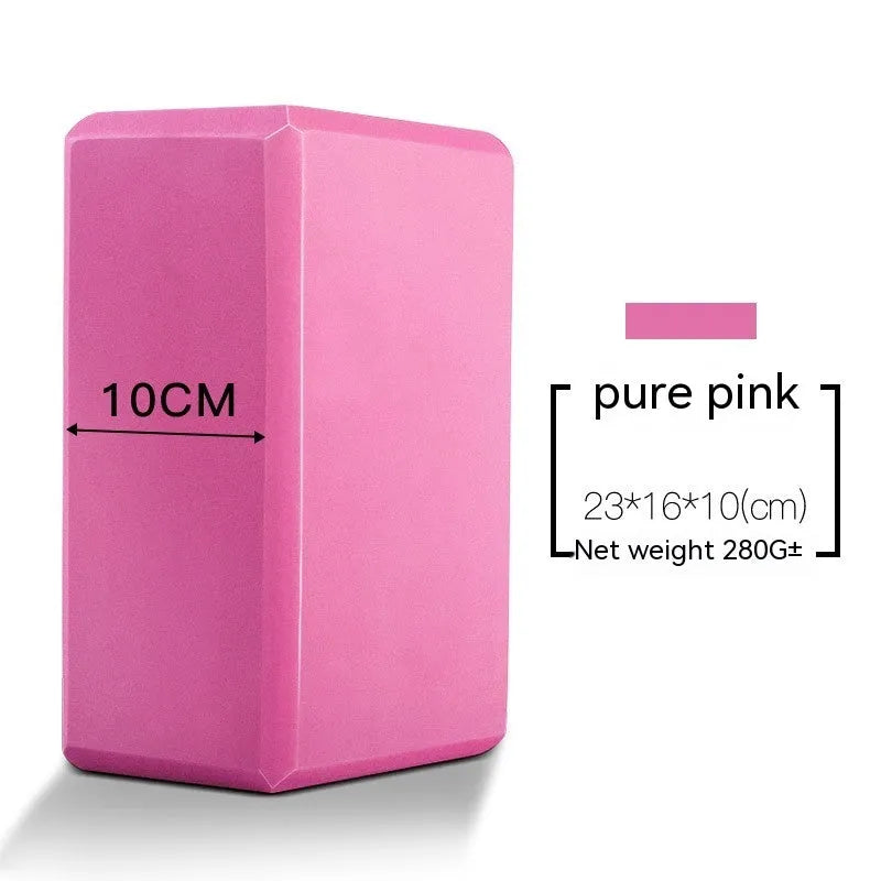 A high-density EVA yoga block in a choice of solid colours or printed designs, measuring 23cm by 15cm.