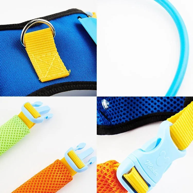 A blue adjustable anti-collision ring for dogs, shown in various sizes.