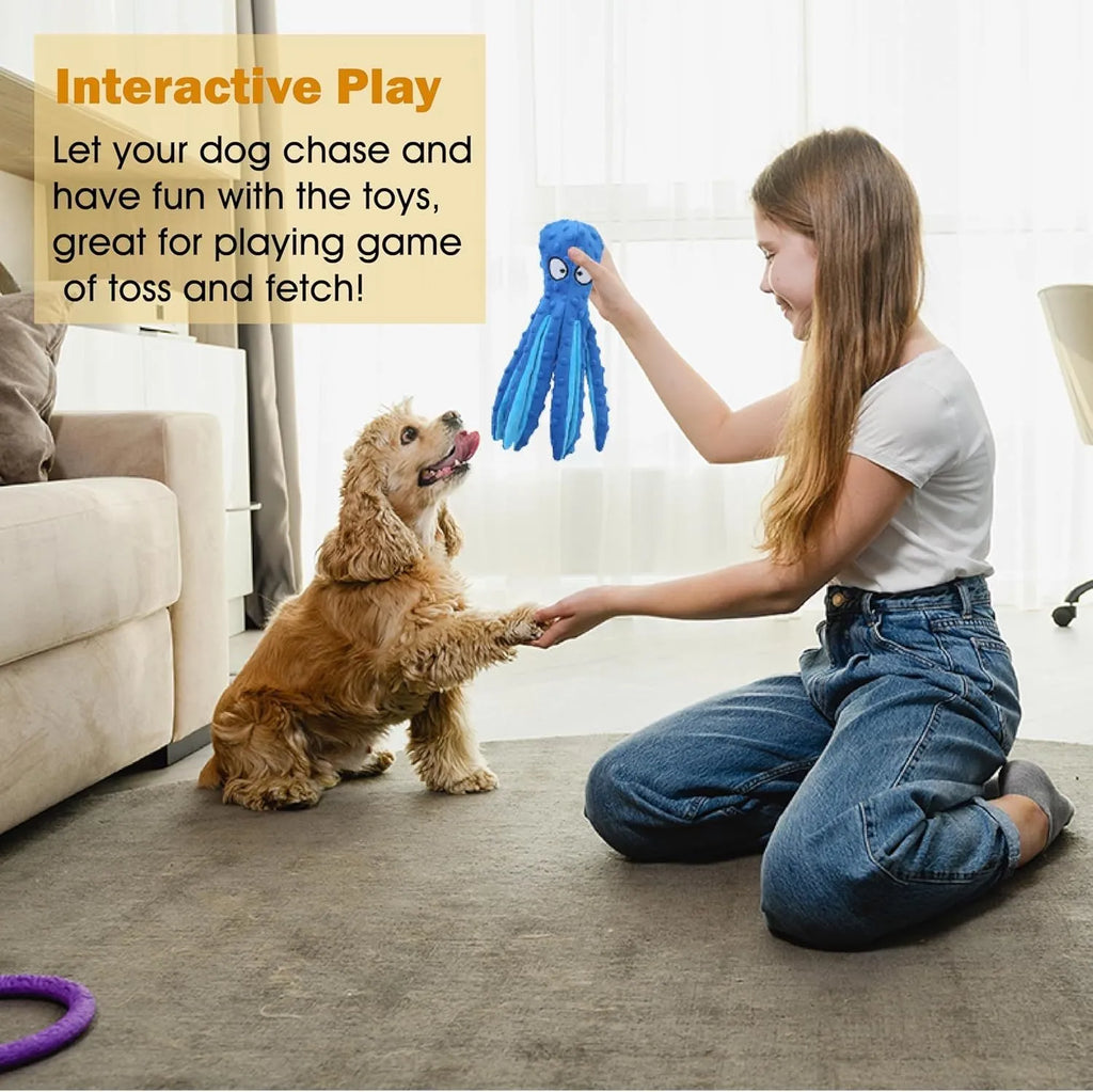 Blue octopus dog toy with squeaker and crinkle sounds for interactive play