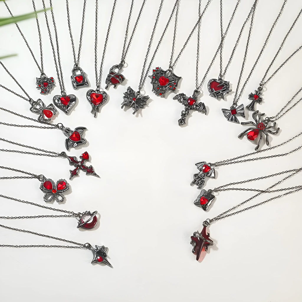 Dark style Halloween necklace with spider and bat pendant designs in electroplated zinc alloy