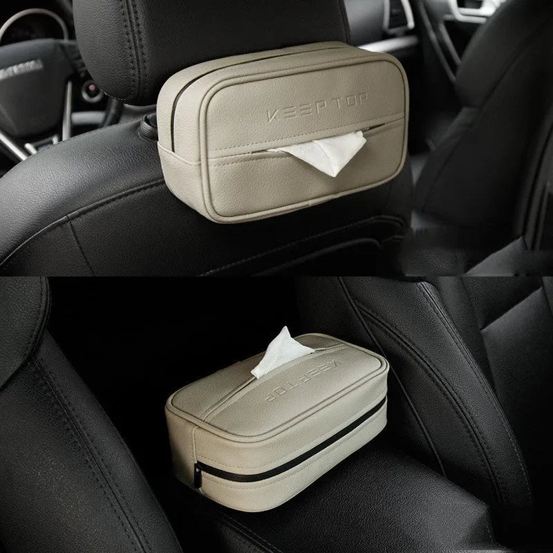 Black PU leather hanging organiser bag for car storage with dimensions 230mm x 110mm x 90mm.