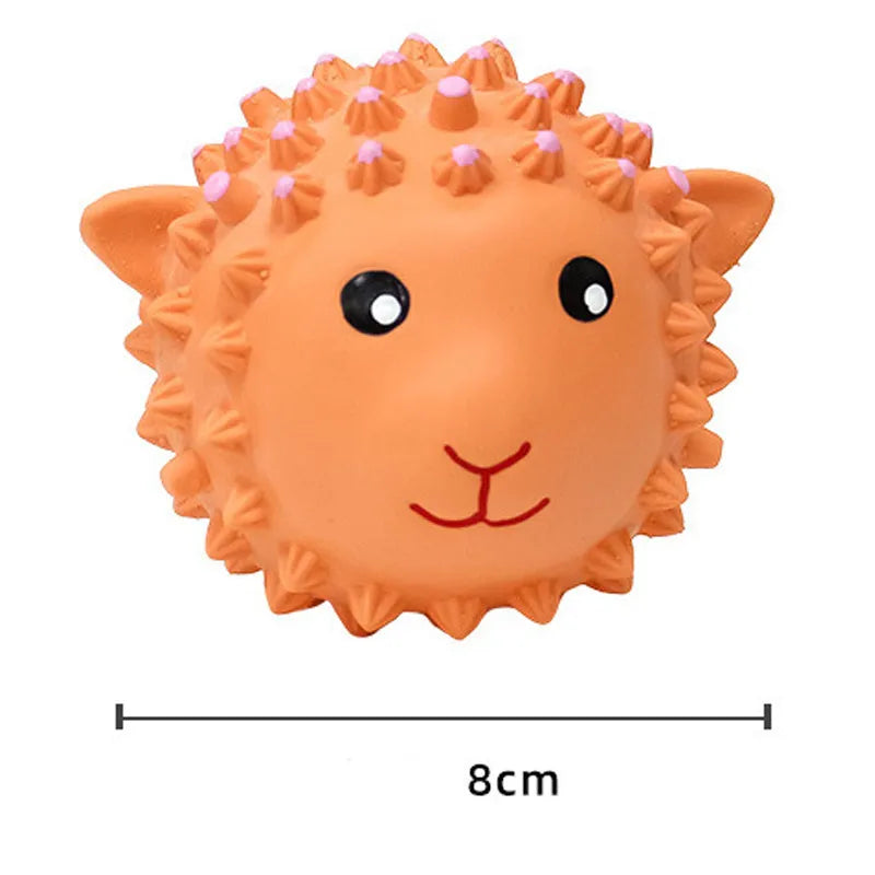 Orange and yellow spiky latex dog toys shaped like lamb and monkey with teeth cleaning texture