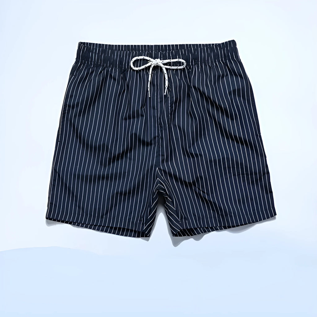 Men's striped polyester beach shorts in light blue with straight leg cut