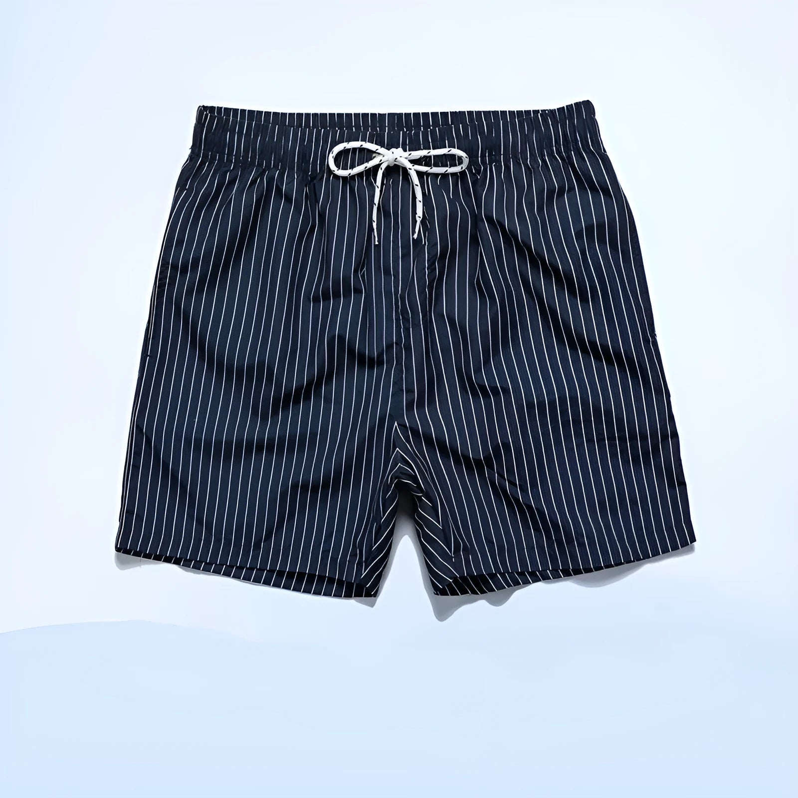 Men's striped polyester beach shorts in light blue with straight leg cut