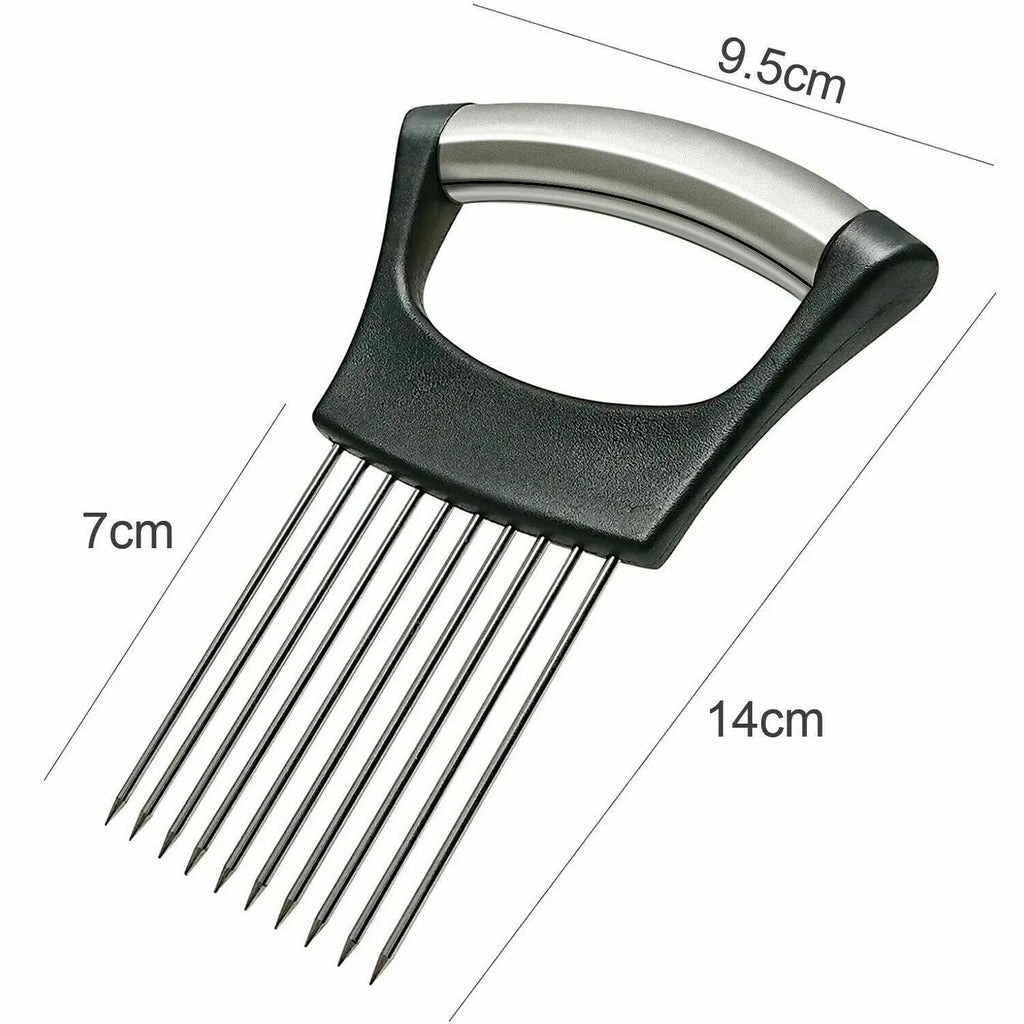Stainless steel onion holder slicer with ABS handle measuring 14cm by 9.5cm