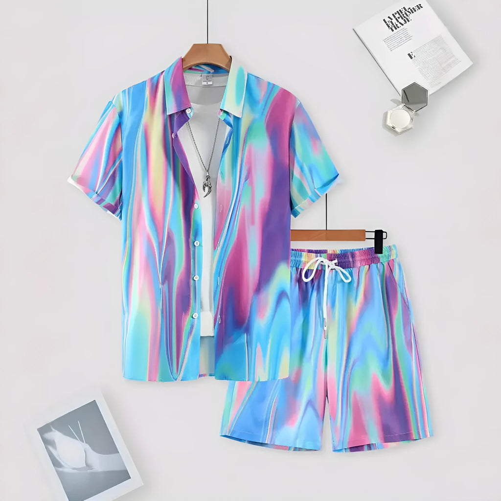 Wild printed men's short sleeve shirt and matching shorts set for summer casual wear, multiple sizes S to 4XL