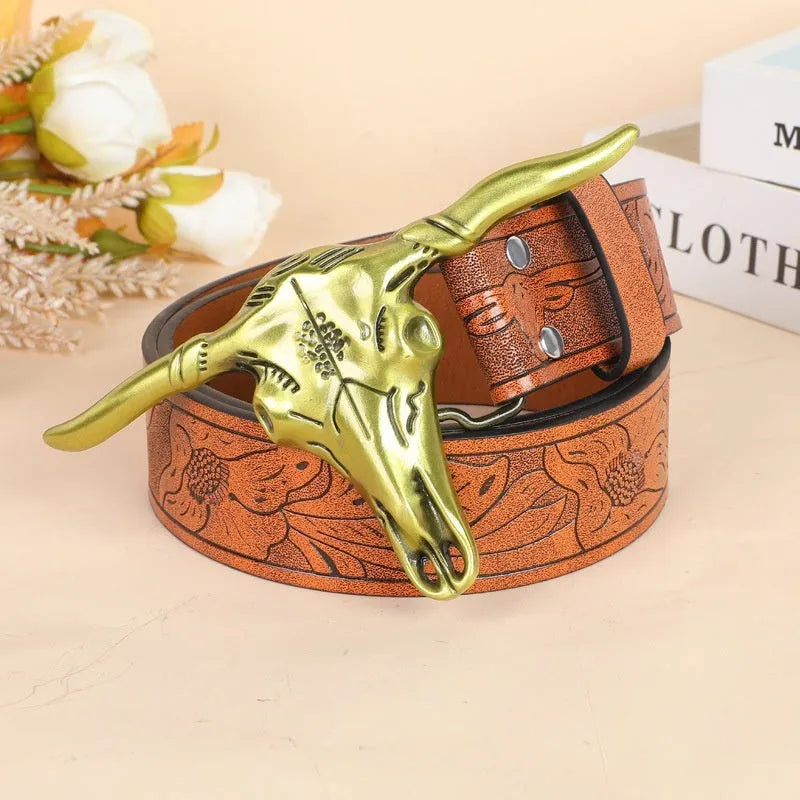 Men's brown imitation leather belt with a detailed metal cow head buckle and pin clasp.