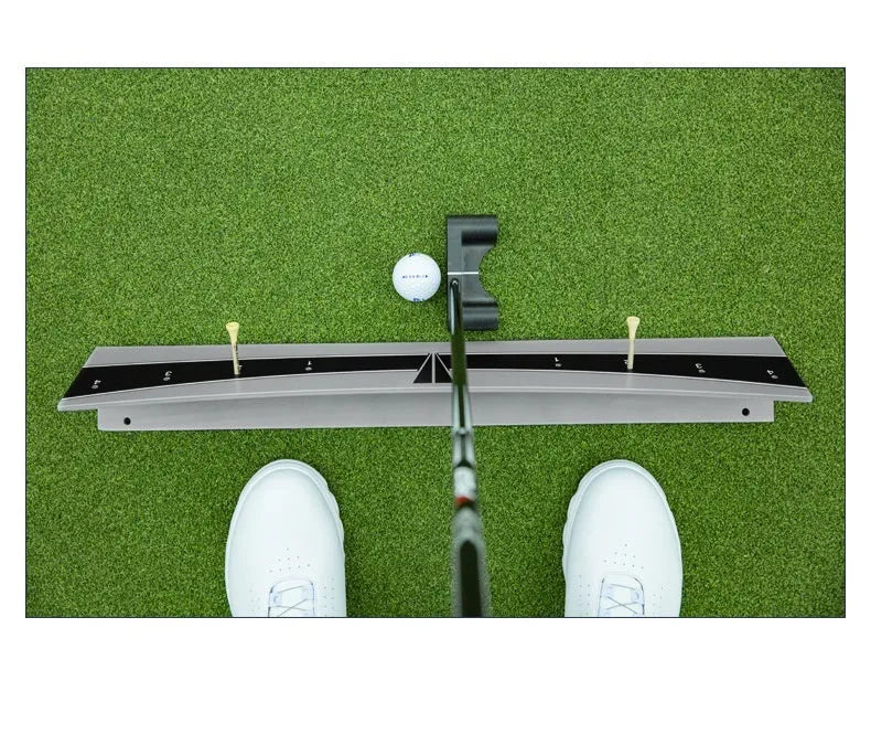 Golf putting trainer simulator with adjustable balancer on PVC base for stroke practice