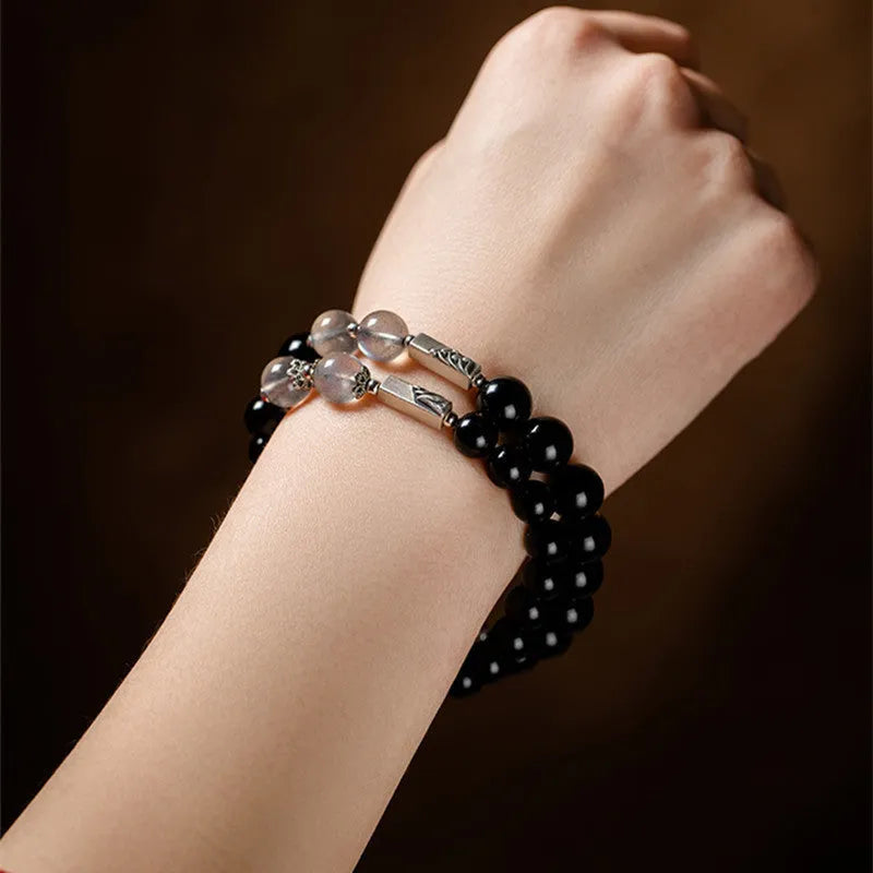 Obsidian Buddha beads couple bracelet DIY set showing 10mm and 8mm bead sizes in national style design