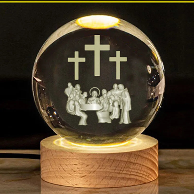 White crystal cross ornament with 6cm ball on wooden warm light base