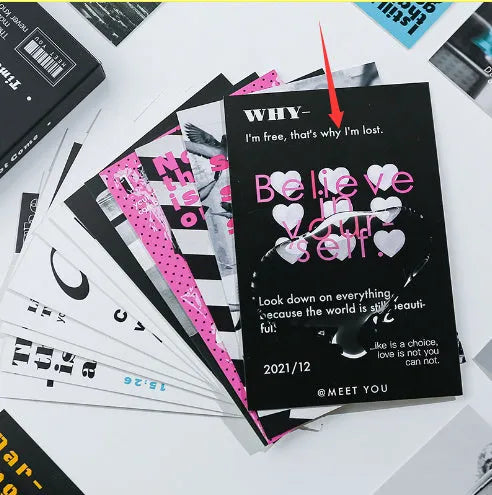 Fresh printed postcard set showing two different designs - Time Not Arrived and Warm Wind Not Exhausted greeting cards